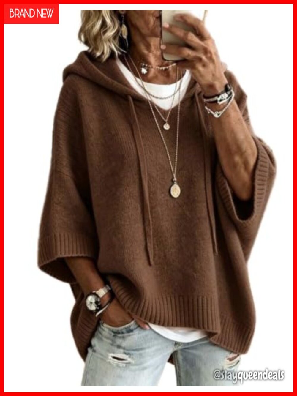 Womens Knit Hoodie 3/4 Sleeve Pullover Sweater Loose Fit Casual